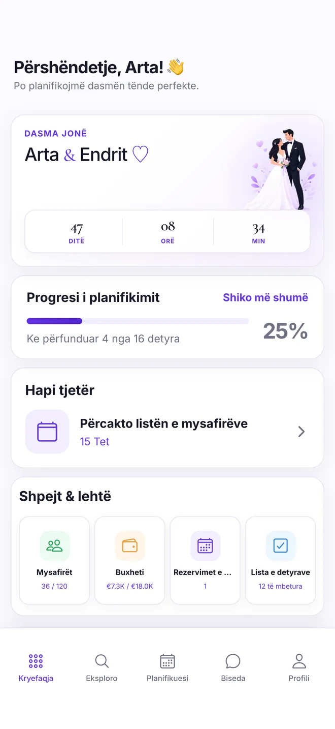 Home screen with wedding countdown and planning progress